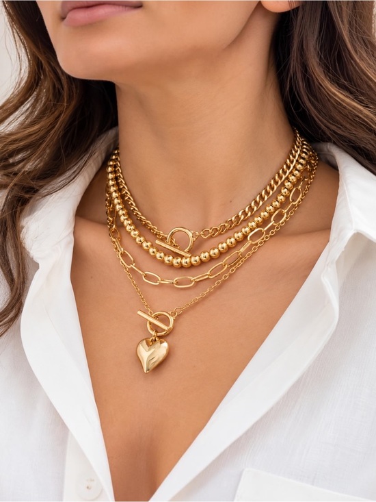 no Brand Jewelry - 4-Piece Gold Layered Necklace Set w/ Heart Pendant – Y2K Chic